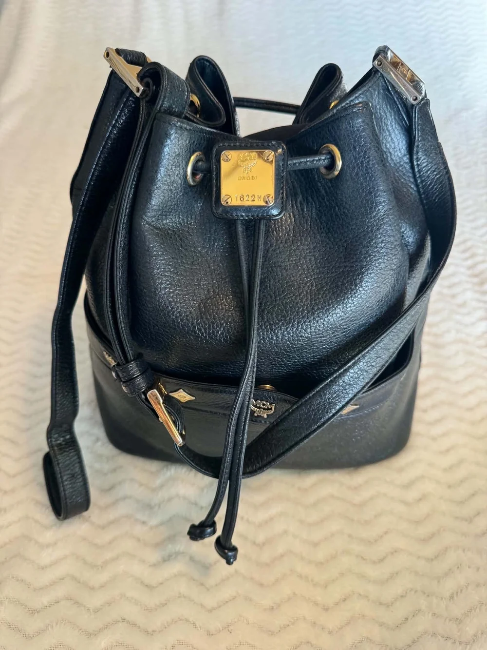 MCM Black Pebbled Leather Drawstring Hobo with Gold Hardware